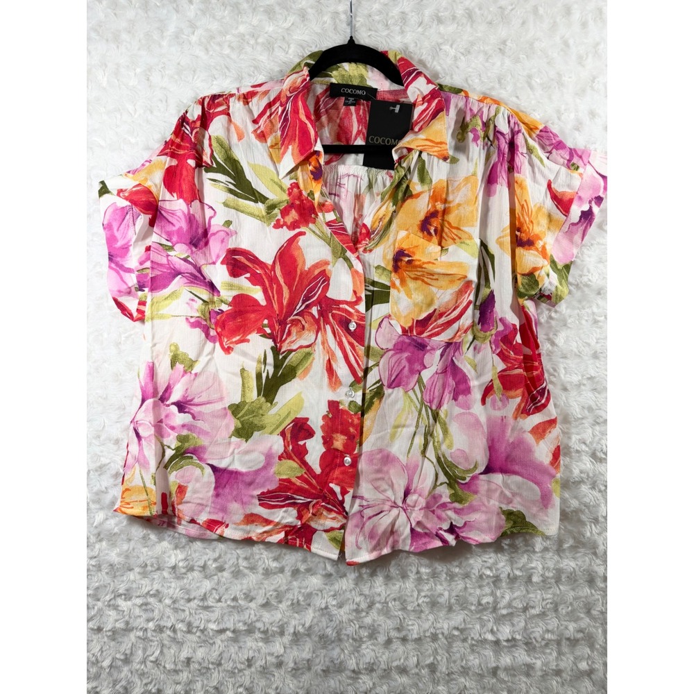 Cocomo Womens Floral Button Down Shirt XL Tropical Rayon Short Sleeve Top NEW